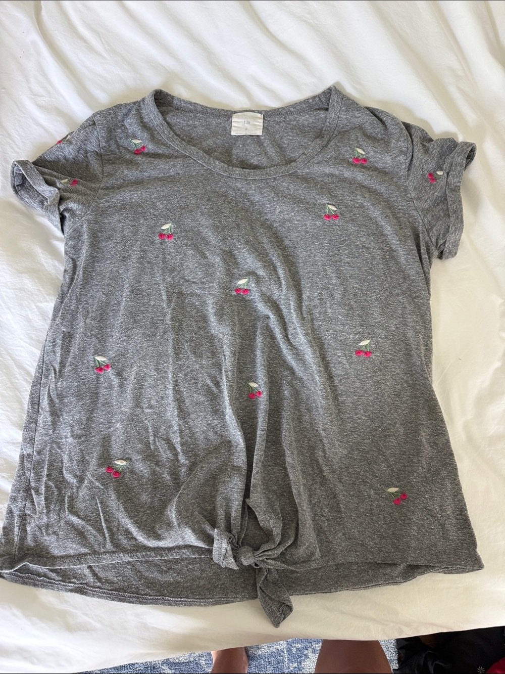 T.La Gray Short Sleeve Tee with Pink Cherry Embroidery and Front Knot